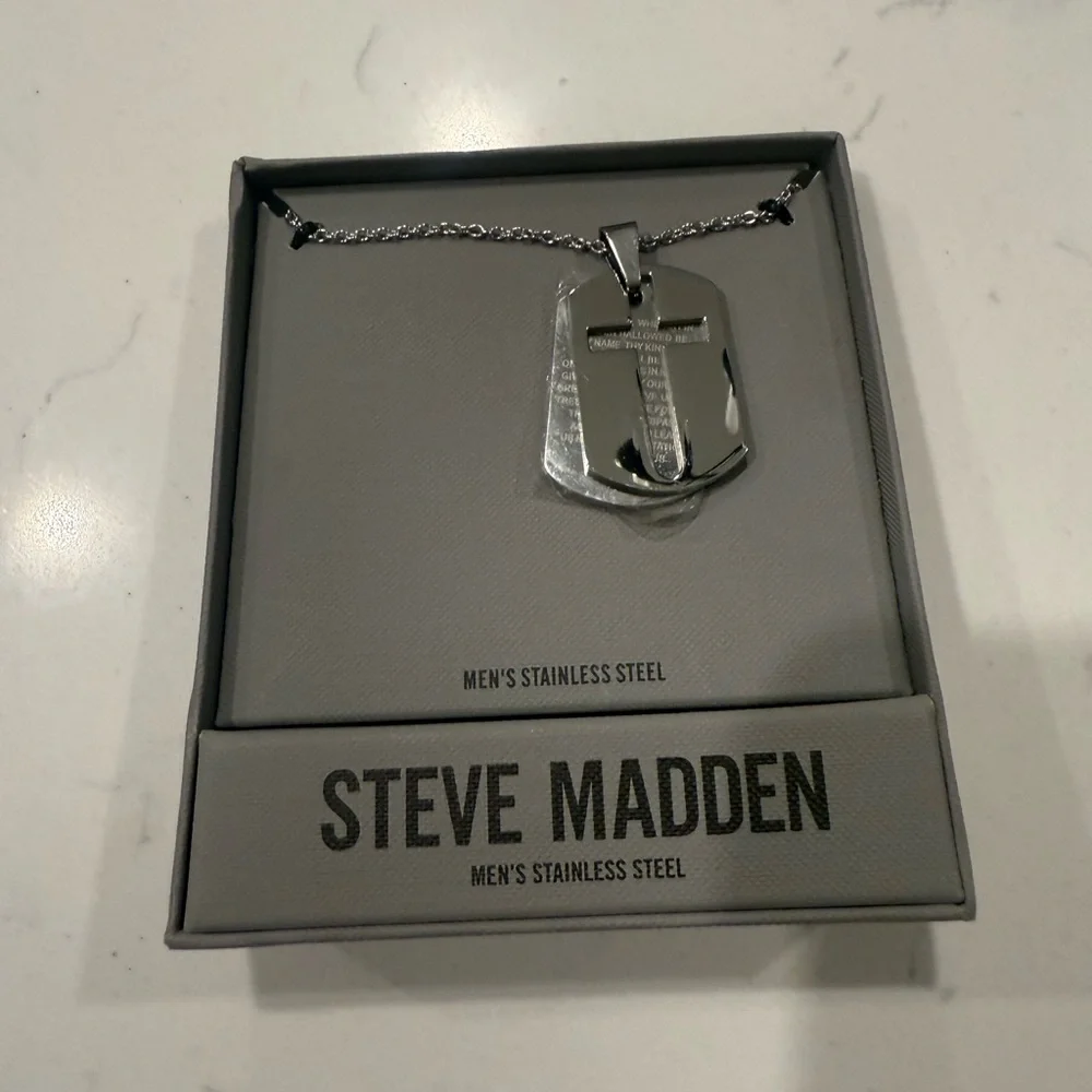 Steve Madden Silver Stainless Steel Dog Tag Necklace